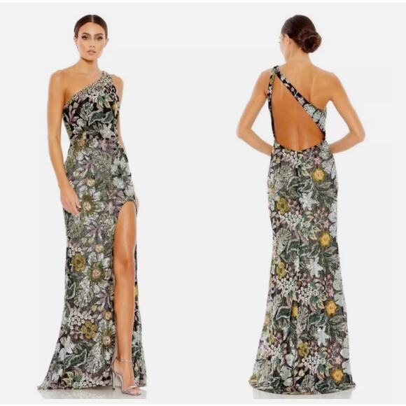 Mac Duggal [ 10 ]  Embellished Floral One Shoulder Gown Black 49574 NWT $698 - Picture 1 of 16